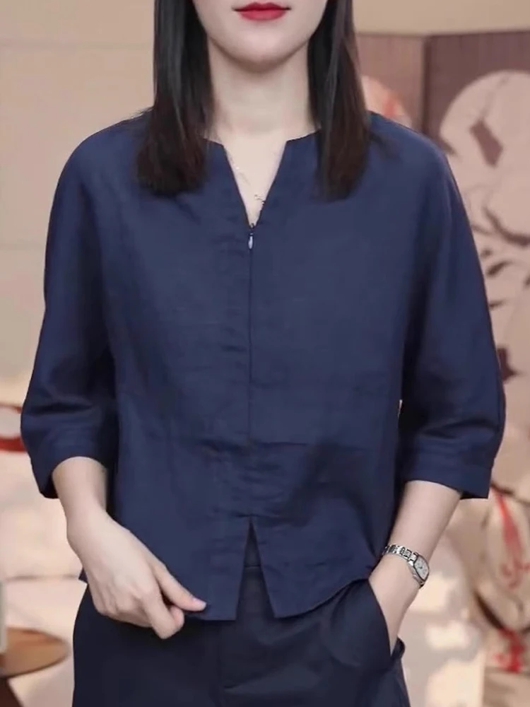 우아한 하프 집업 셔츠 캐주얼 여름 상의 7부 소매 오버헤드 여성 패션 출퇴근 스타일 루즈핏 베이직 센스