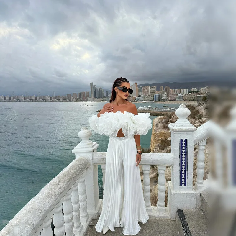 White 3D Floral Off Shoulder Crop Top Organza Ruffle Puff Short Sleeve Strapless Tube Blouse Women Elegant Romantic Blouse Top view 3