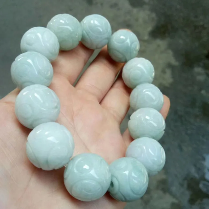 A- Level Burma Jade Hand Carved Lotus DIY Buddha Bracelet Beads Accessories 18mm