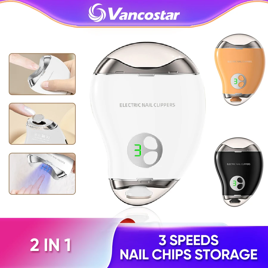 

Электрическая машинка для стрижки ногтей 2 в 1, 3 скорости, светодиодная подсветка, ЖК-цифровой дисплей, зажимы для хранения, триммер для ногтей, полировщик, автоматическая пилочка для ногтей