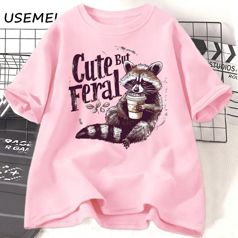 Funny Racoon Cute but Feral t Shirt women funny Opossum tee Retro Animal Meme t-shirt cotton short sleeve clothing female tees