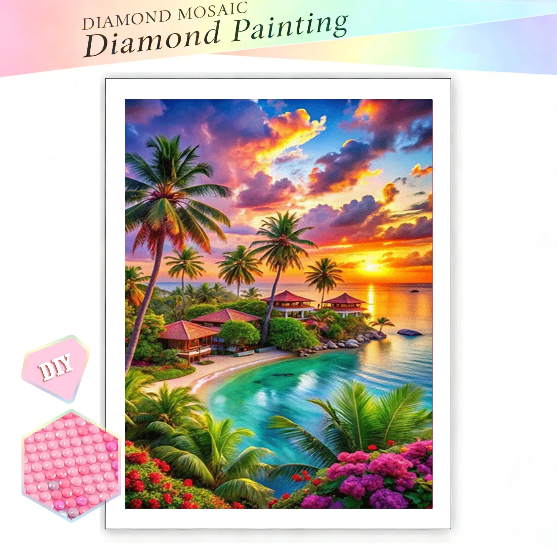 EverShine Novedades 2026, Pintura de Diamantes con Diseño de Atardecer en Isla Tropical con Palmeras, Mosaico de Diamantes, Set de Pinturas Decorativas
