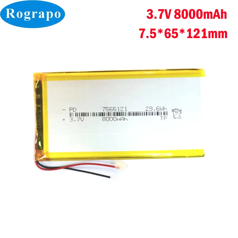 3.7V 8000mAh 7566121 7565121 Lithium Polymer Li-Po Rechargeable Battery Lipo cell For Tachograph POS Portable DVD Searchlight