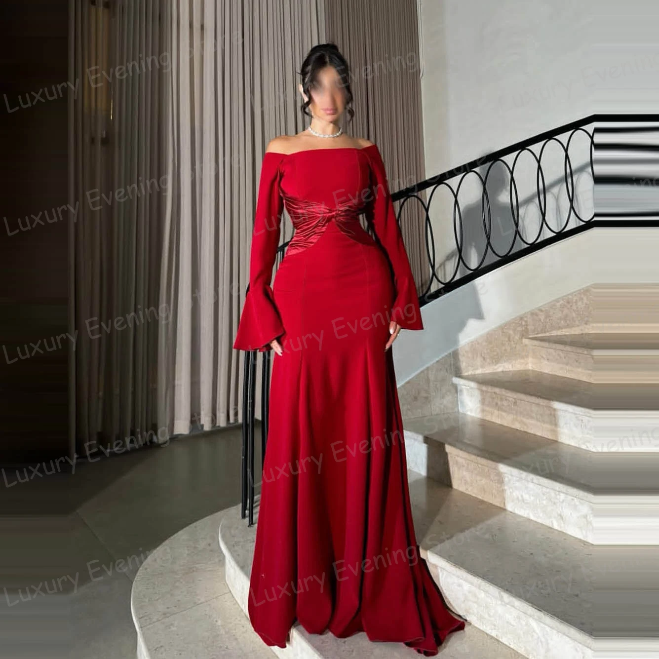 فساتين سهرة حمراء بسيطة للنساء حورية البحر مثيرة بأكمام طويلة وكشكشة فساتين حفلات بدون أكتاف موضة فيستدوس دي نوفيا مخصصة