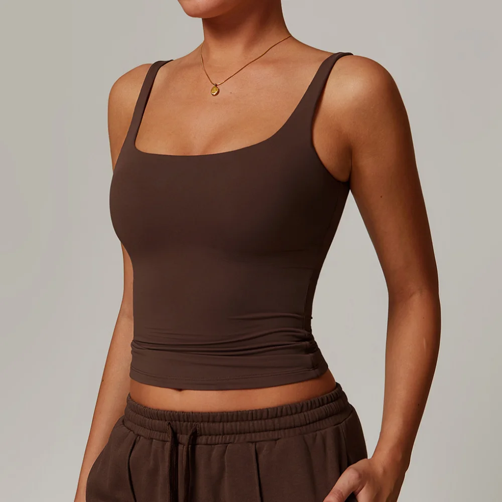 Women's Yoga Bra Fitness Vest Running Workout Tank Gym Top Push Up Slim Square Neck Wide Straps Ruched U Back Padded Underwear