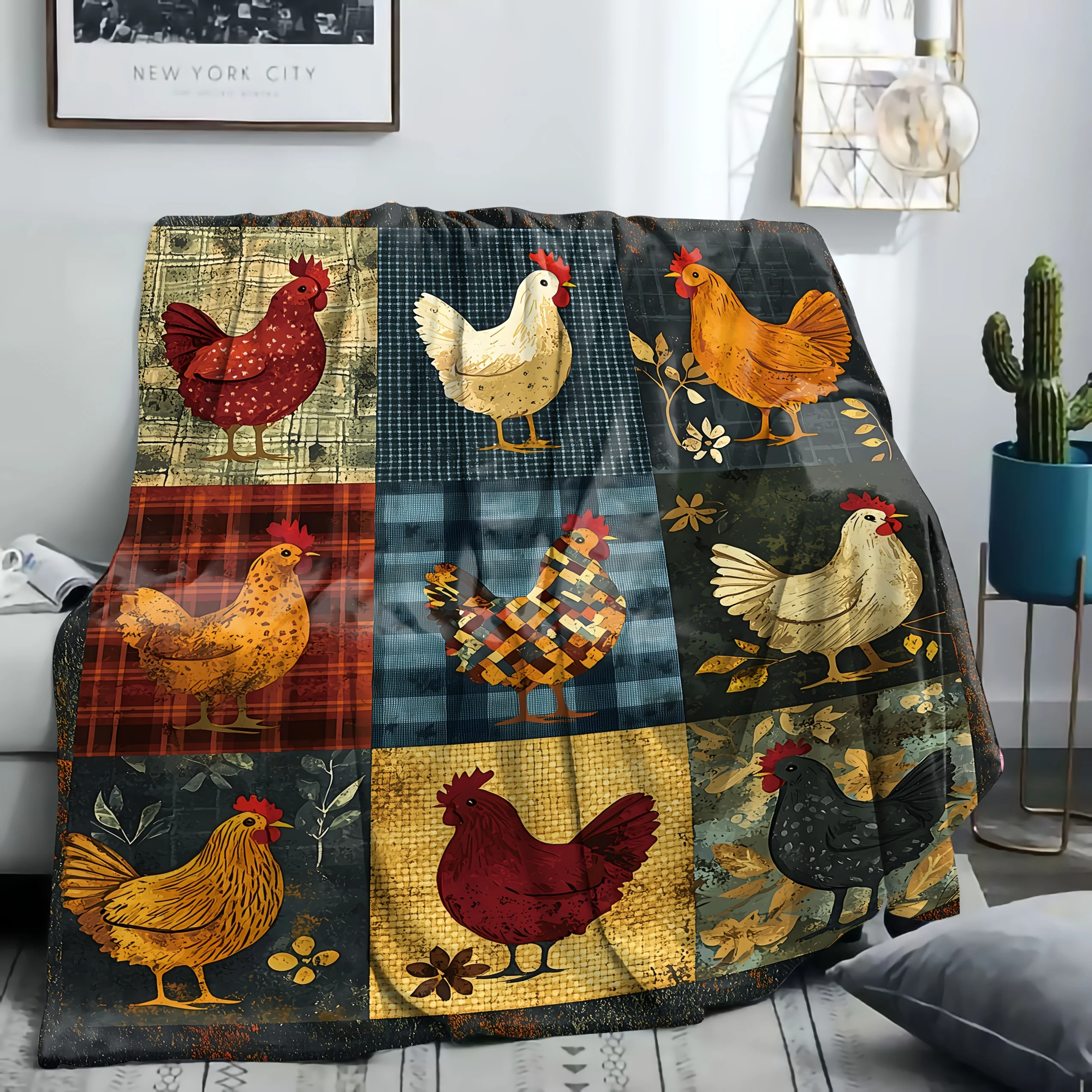 Rustic Hand Painted Chicken Flannel Blanket Colorful Patchwork Style Cozy Soft Throw for Living Room Bedroom Decor