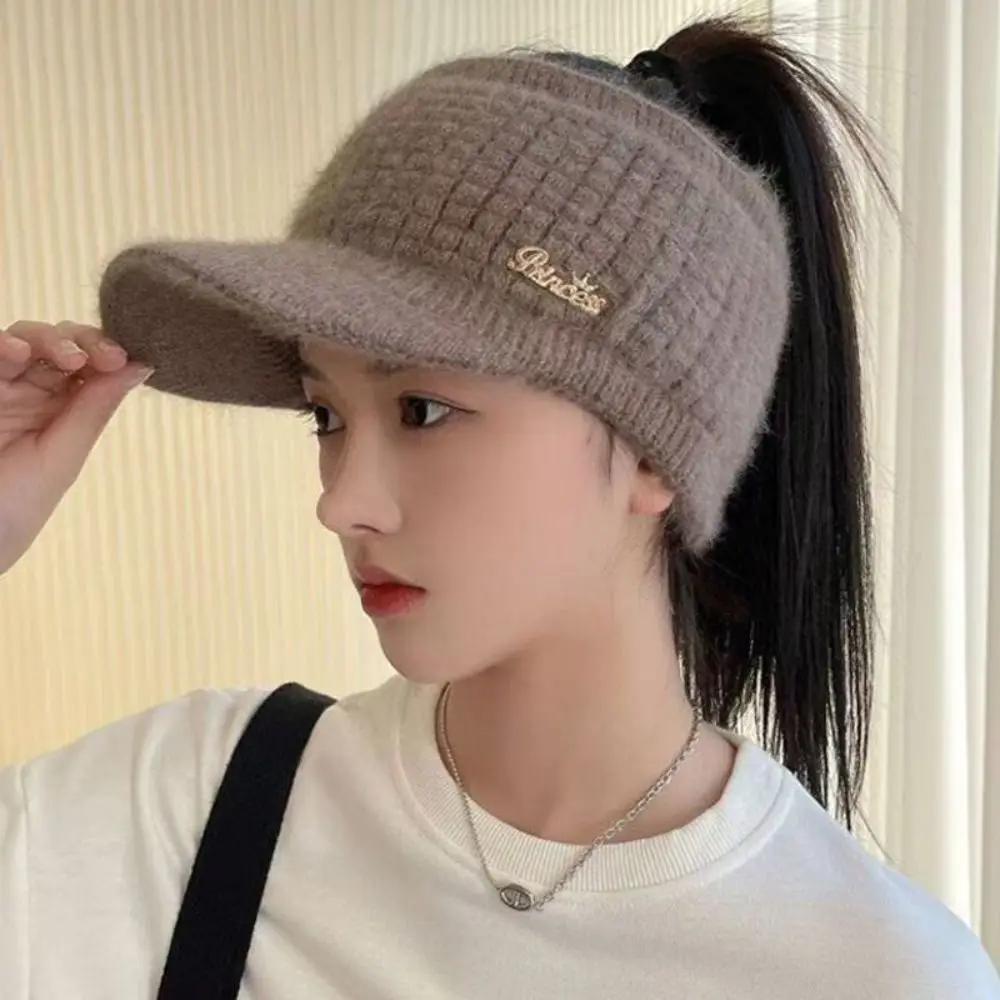 Practical Faux Rabbit Fur Knitted Hat Windproof Visor Brim Baseball Cap Warm Fleece Earflaps Design Earflaps Hat Autumn Winter