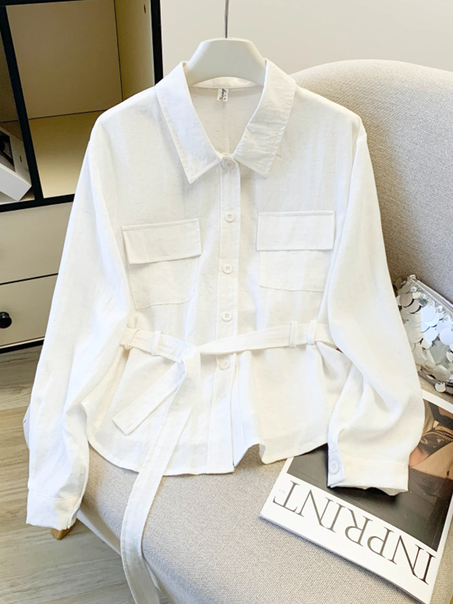 

Женская повседневная свободная блузка Emily Clud Premium с длинным рукавом, поясом на талии, эффектом стройности, двойными карманами и завязками, весна-осень