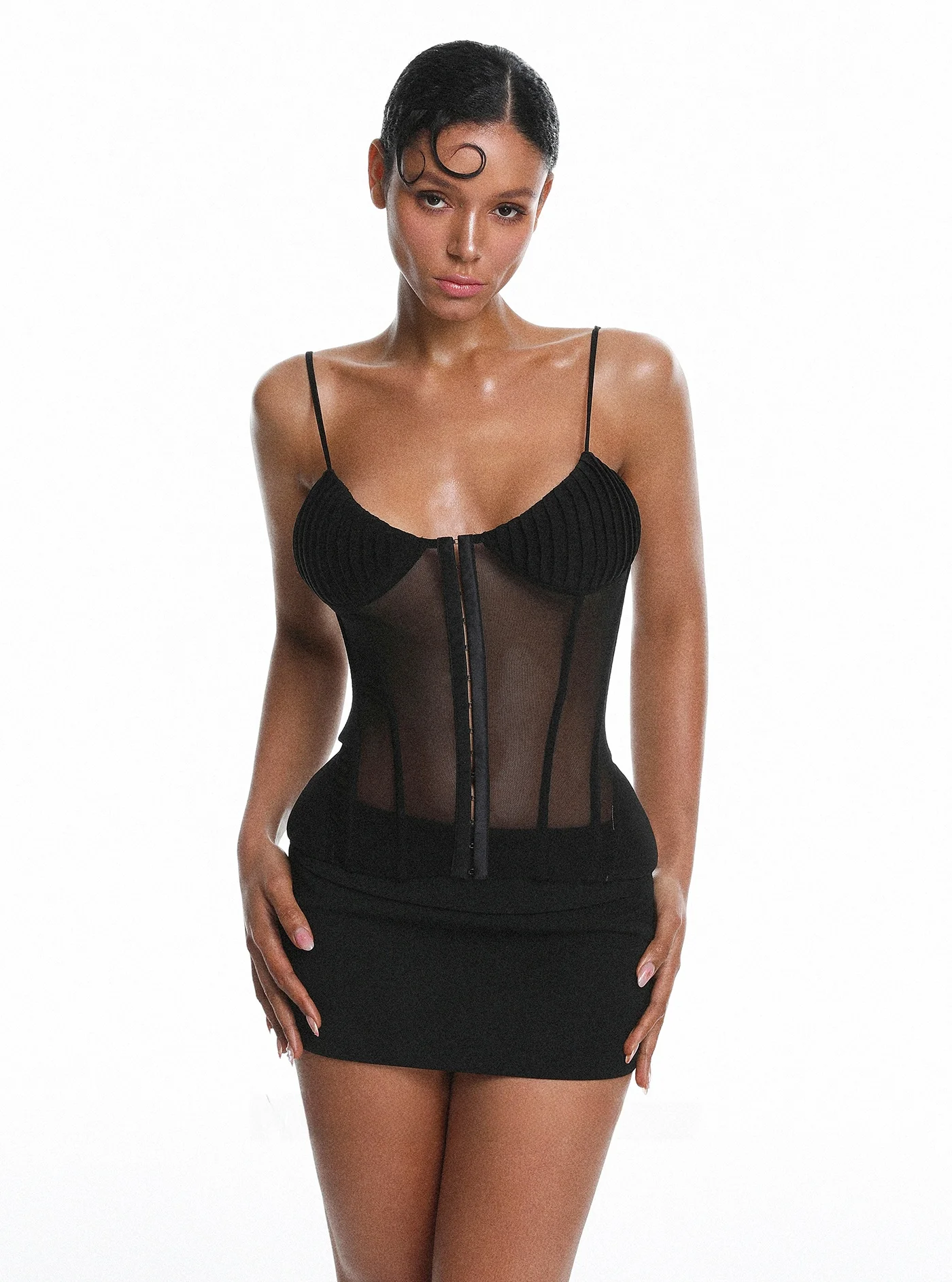 

Black Lace Mesh Sexy Skirt with Thin Strap Bra Set Women's Fashion Spring Collection Tagkita Brand Two-Piece Suit