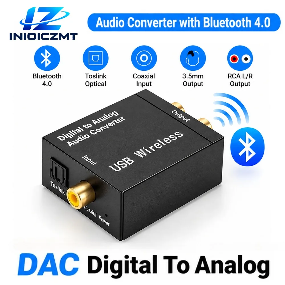 디지털-아날로그 오디오 변환기(DAC), 광 케이블(Toslink), 동축 케이블, 3.5mm 잭, RCA L/R 오디오 어댑터, 블루투스 4.0, TV용.