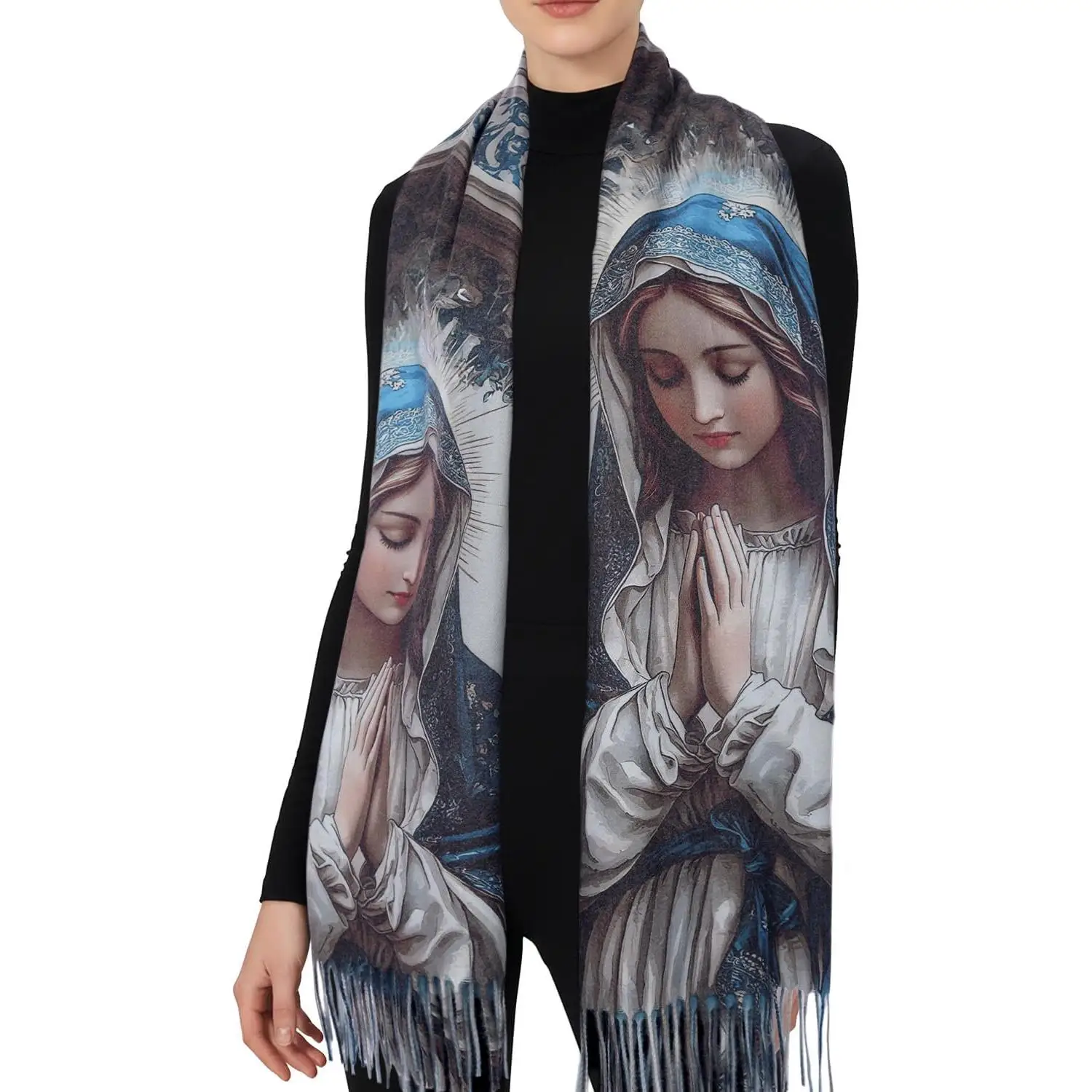 

Virgen de Guadalupe Prayer Shawl Scarf Catholic Gifts For Women Mom Mexican Virgin Mary Pashmina Scarves Wrap Blue