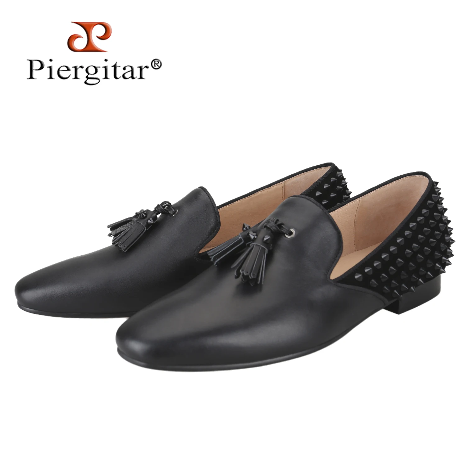 Piergitar Classic Model Black Cowskin Slip-On Loafer With Handmade Spikes And Tassels CL Brand Same Red Sole Men's Casual Shoes