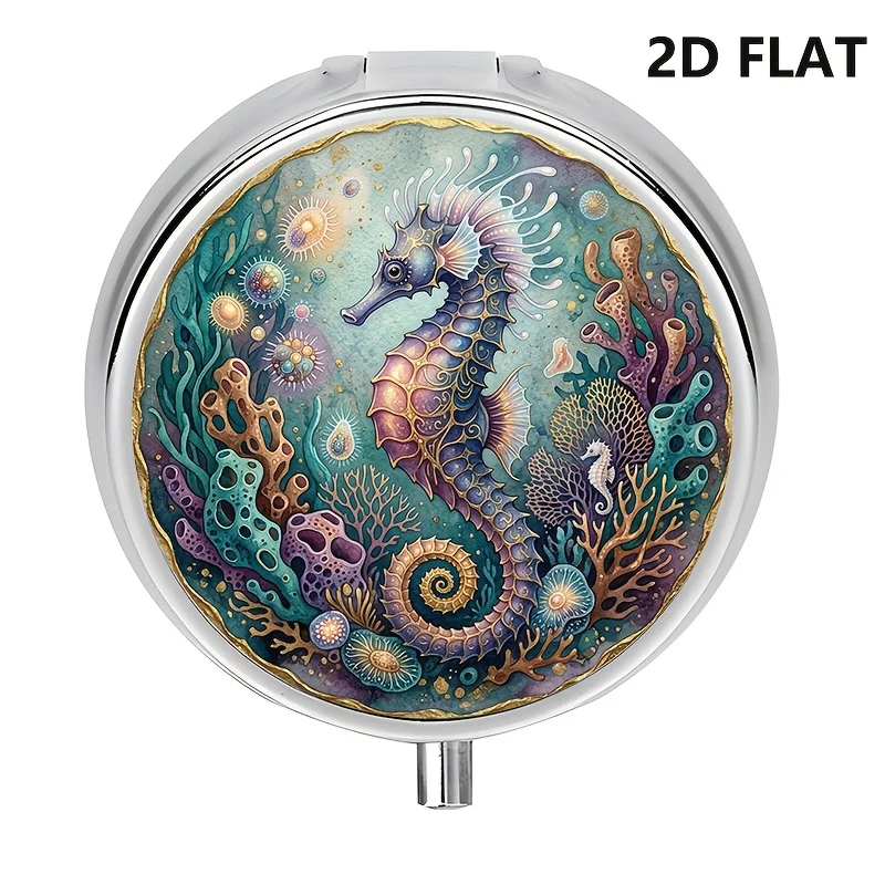 Flat pill box, single pack, 3 compartments with a seal ocean creature scene, marine life underwater coral reef design, metal mini pill box for storage, small travel pill box, decorative metal vitamin box