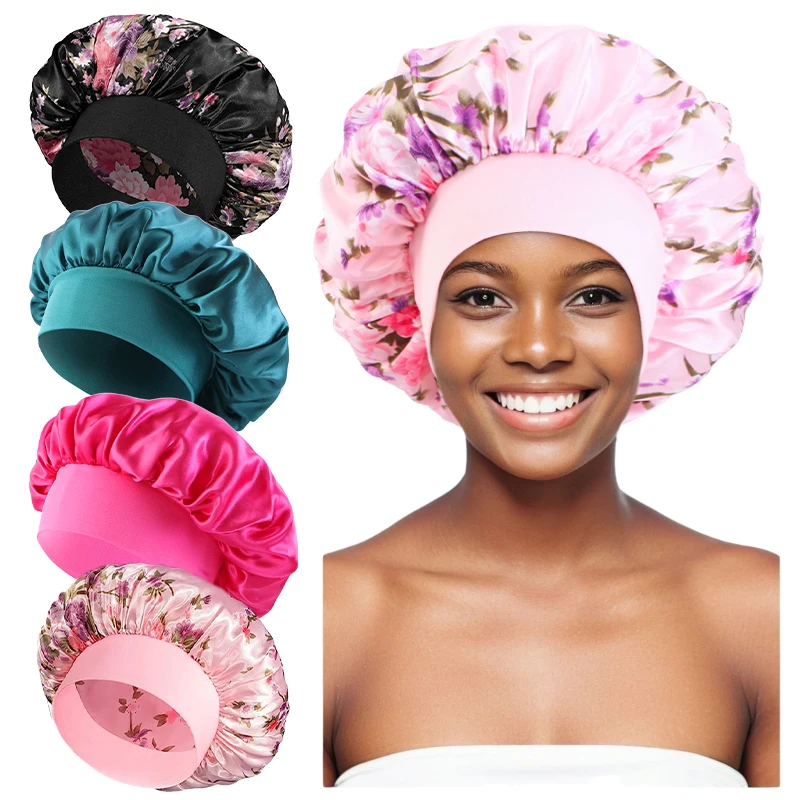 4 TEILE/LOS Satin Breite Krempe Floral Schlummertrunk Motorhaube Haar Wrap Nacht Schlafen Schlaf Kappe Elastische Weiche Band Haarpflege Dusche hut – Detail 11