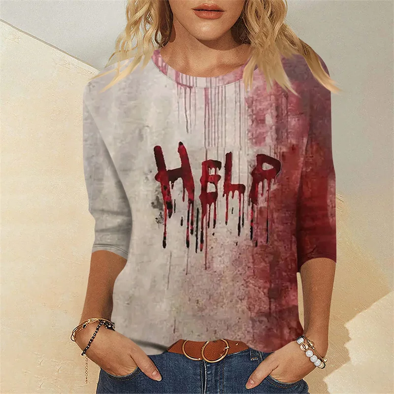 Women New 3D Printed Horror Halloween Styles Long Sleeve T Shirt Harajuku Bloody Patterns Graphic Round Neck Long Sleeve T Shirt