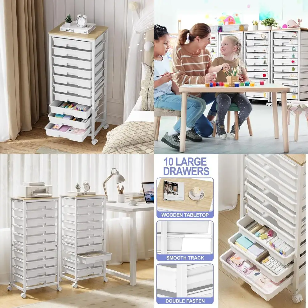 

Мобильная тележка для хранения с 10 ящиками и деревянной столешницей для организации класса и поделок, белая