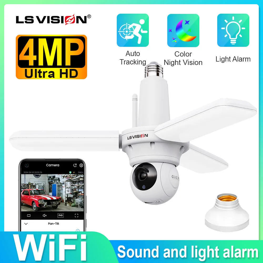 

LS VISION Wifi Surveillance Camera Bulb 30W Fan Light 360 Ptz Video 2k Cctv Cameras Supports Nvr IP Cam for Garage, Warehouse