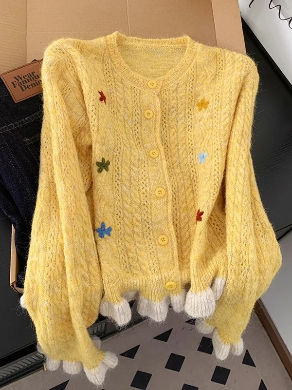 

Ele Long Sve Women's Knitted Sweater Embroidered Heavy Work Lazy Sle Autumn Winter Trendy Sweater Warmth Guaranteed