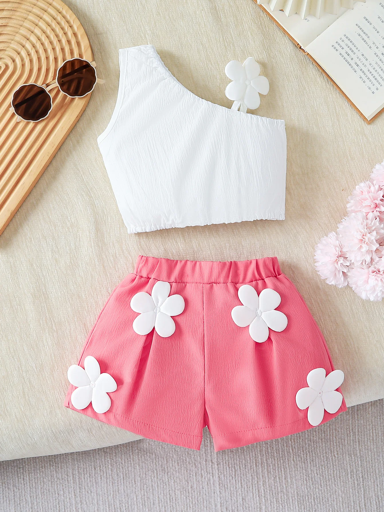 2pcs Summer Girls Asymmetrical One Shoulder Set, 3D Flower Decor Crop Top + Pink Shorts, Sweet Cool Style, Daily Wear/Vacation/B