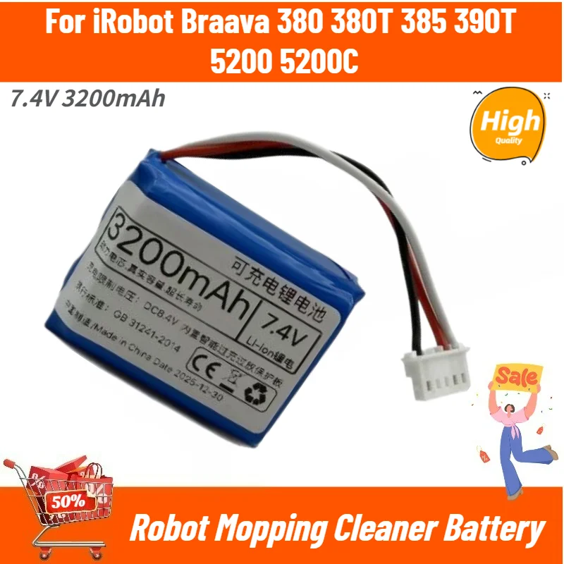 7.4V 3200mAh Battery For iRobot Braava 380 380T 385 390T 5200 5200C Robot Mopping Cleaner High Quality Replacement  Battery