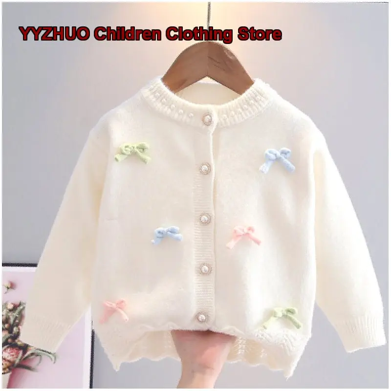 Girls Bowknot Cardigan White Three-Dimensional Bow Outerwear Stylish Knit Top