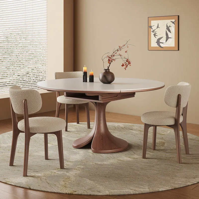 #Solid Wood Rock Slab Dining Table Retractable Household French Medium And Ancient Style High-end Square And Round Dining Table