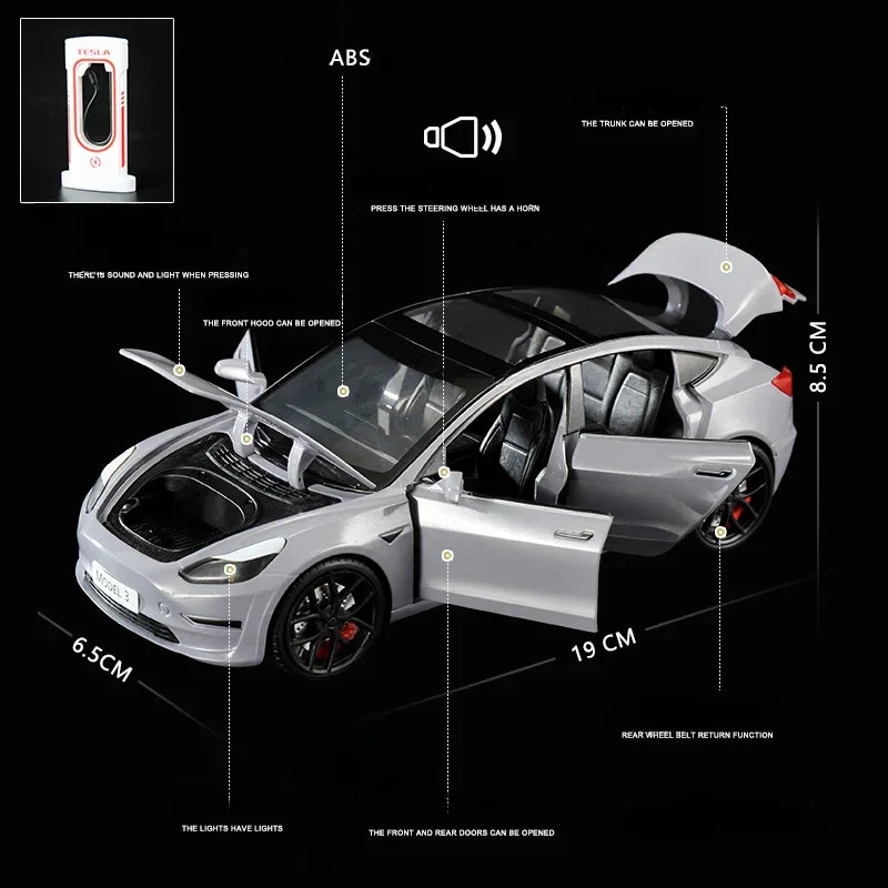 نموذج سيارة مصنوع من خليط معدني مع شاحن محاكاة جماعية 1/24 Telas MODEL3 Voiture مصغرة دييكاست لعب مركبات أطفال هدية عيد ميلاد