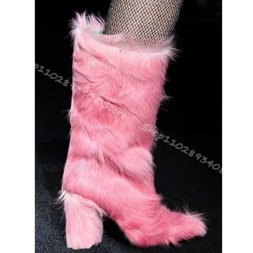 Pink Fur Decor Combat Boots Round Toe Chunky Heels Personality Stylish Autumn Party Elegant Women Boots 2024 Zapatos Para Mujere