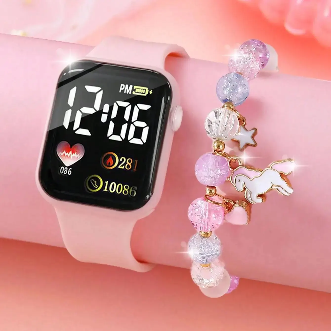 1pcs Ladies Love Pink Silicone LED Electronic Watch +1pcs Unicorn Crystal Bracelet Set for MOTHER'S Day Exclusive Gift