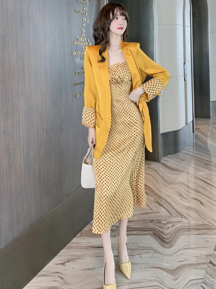 Ladies Dress 2 Piece Suit Blazer Top And Sexy Houndstooth Sundress Two Piece Set Outfit Fashion Chic Women 2022 Spring Summer