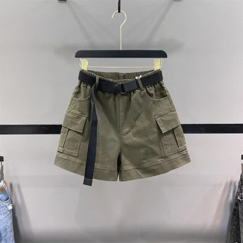 Women's Army Green Cargo Shorts High Waist Elastic Waistband without Belt Casual Summer Shorts