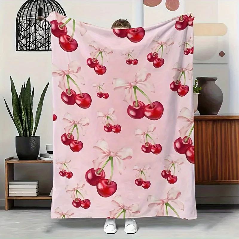

1 шт. одеяло с вишневым и цветочным узором, полиэфирная ткань, можно стирать в машине, подходит для украшения спальни, гостиной.