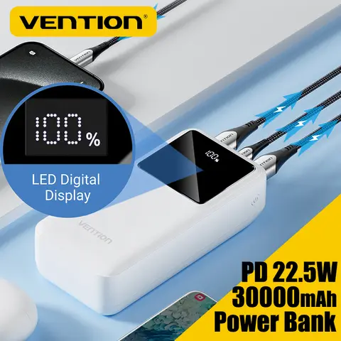 Vention 보조베터리 30000mAh 외부 보조 배터리 휴대용 보조베터리 22.5W 유형 C PD iPhone Xiaomi Huawei 용 고속 충전기