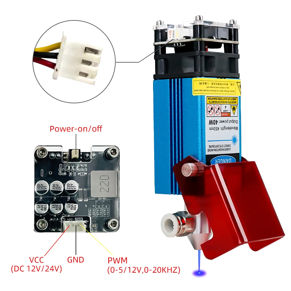 Modulo laser da 80 W con assistenza aerea Testa per incisione laser da 40 W 80 W Testa laser blu da 450 nm per macchina da taglio laser acrilica per