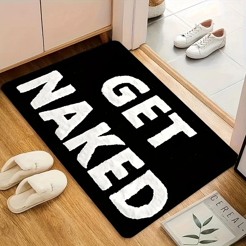 Soft Bath Mat – Cute Black & White Lettered Bathroom Rug, Fun and Adorable for Apartment Decor, Nude Color with White Alphabet