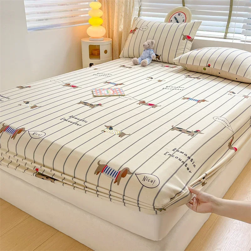 Cute Dog Fitted Sheet Cartoon Dachshund Print Cotton Mattress Covers for Kids Boys Girls Puppy Striped Bedding Set Bedroom Decor