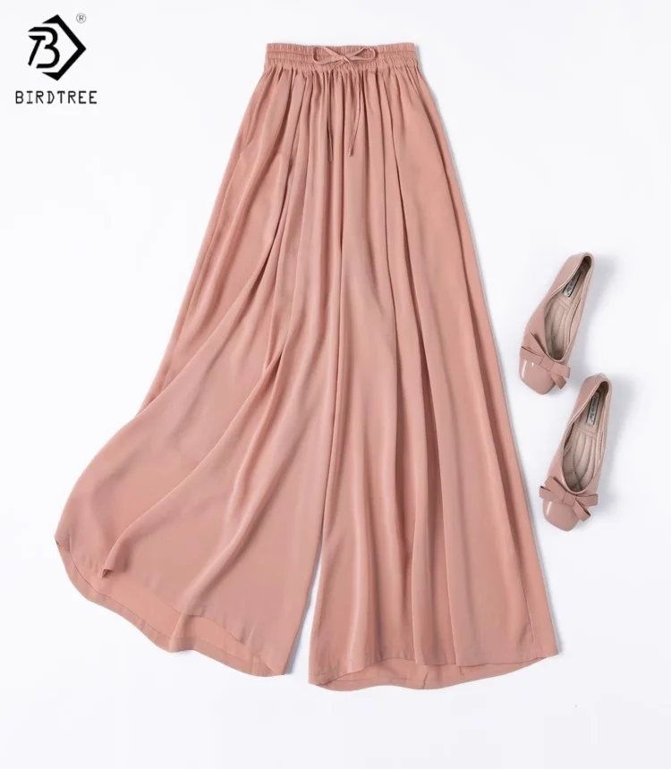 

Birdtree Summer 100% Mulberry Silk Pants,Women Elastic Waist Solid Color Loose Elegant Tie Up Skirt Pants New 2025 P55812JF