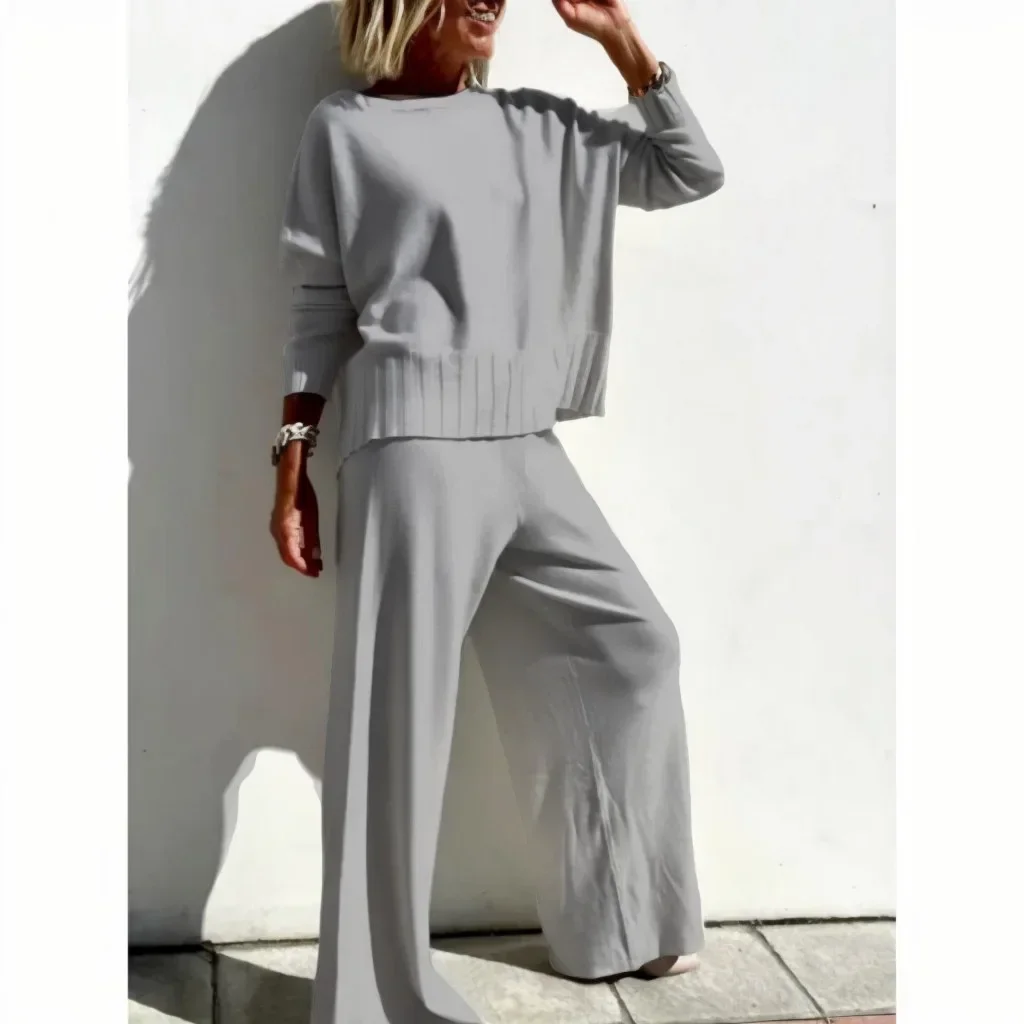 Two Piece Sets Women Knitted Pullover Sweater Wide Leg Pants Outfits 2024 Autumn Female Knitting Suit Casual Knitwear Ensemble