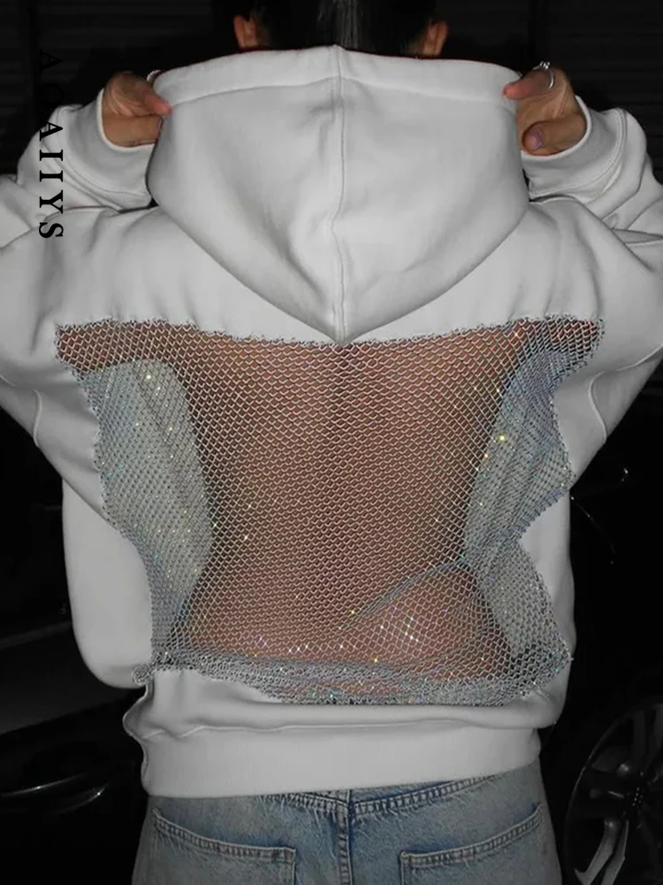 

НОВЫЙ НОВЫЙ Aoaiiys Harajuku женский сетчатый свитшот с открытой спиной и вырезами, роскошный блестящий лоскутный повседневный пуловер с капюшоном, осень 2,