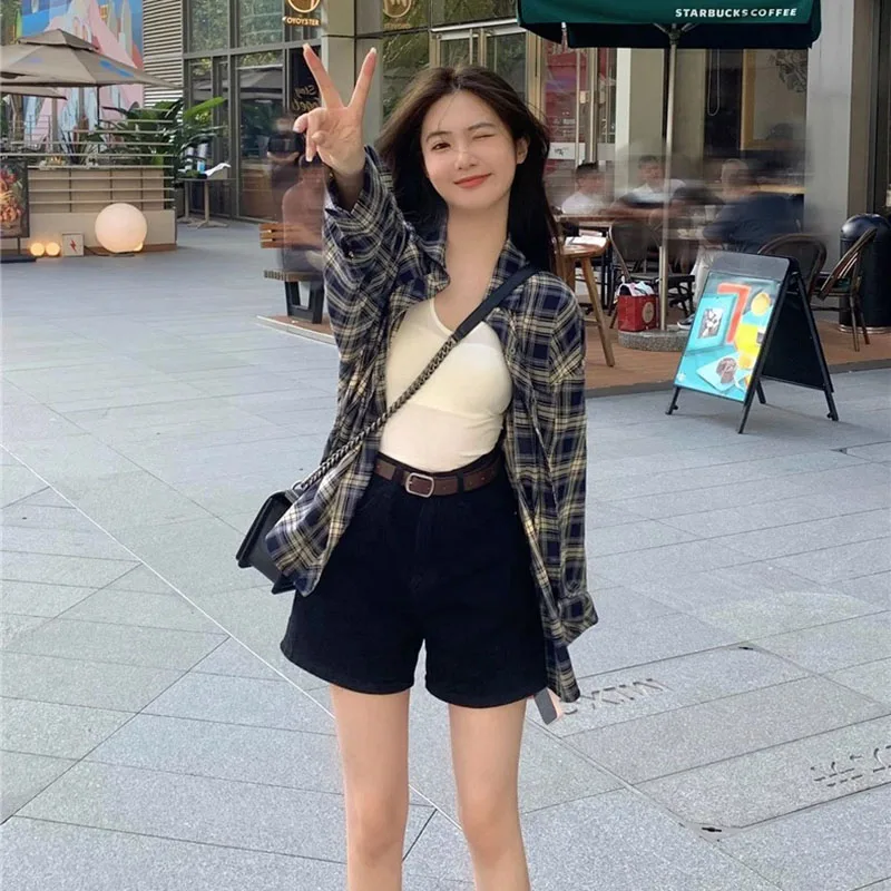 ヴィンテージ風ディープブルーチェック柄シャツ レディース ゆったり 長袖 カジュアルブラウス 秋 プレッピースタイル 原宿系チェックシャツ