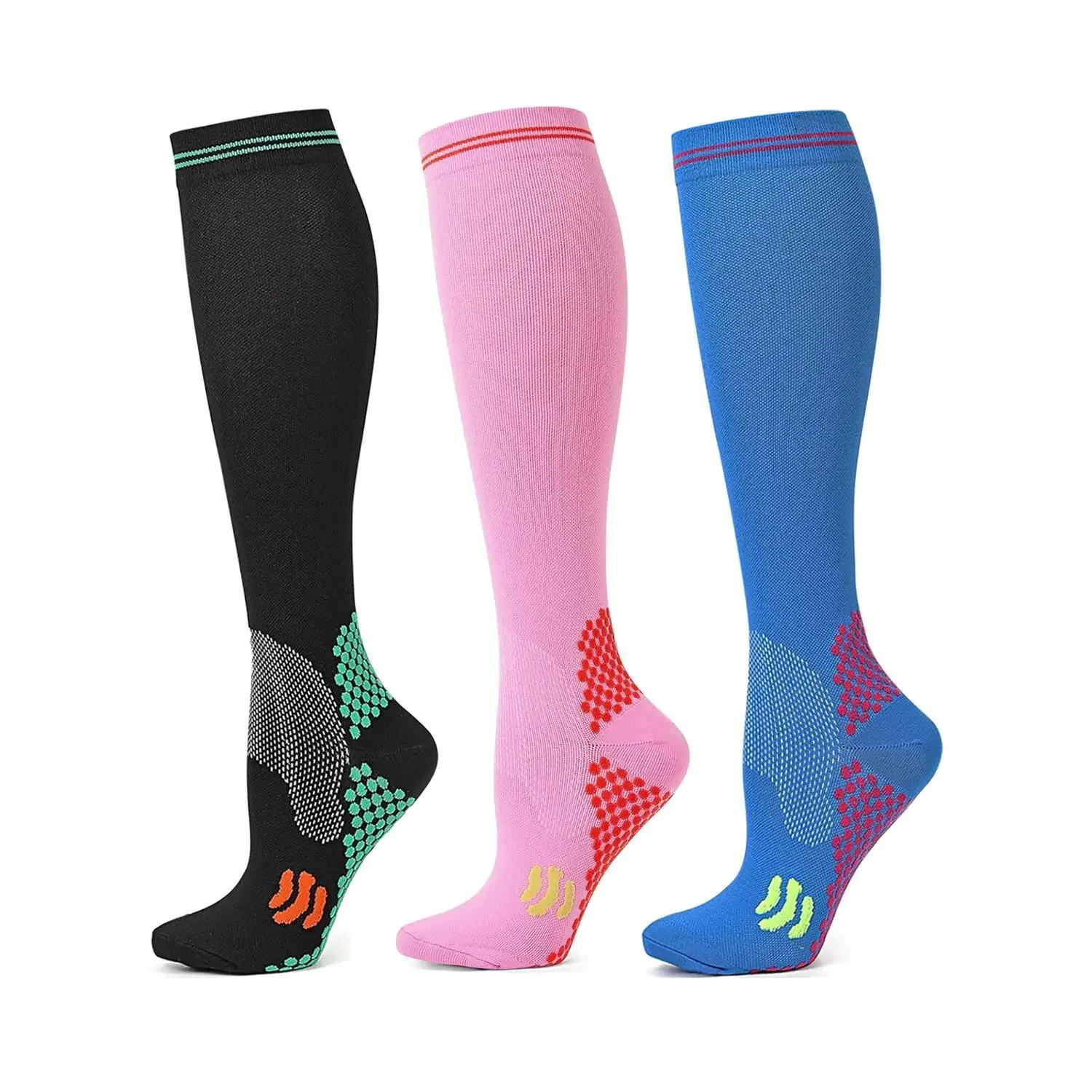 

3 Pairs Compression Socks Unisex 20-30mmHg Knee high Calves for Flying Running for Woman & Man Multi-Purpose