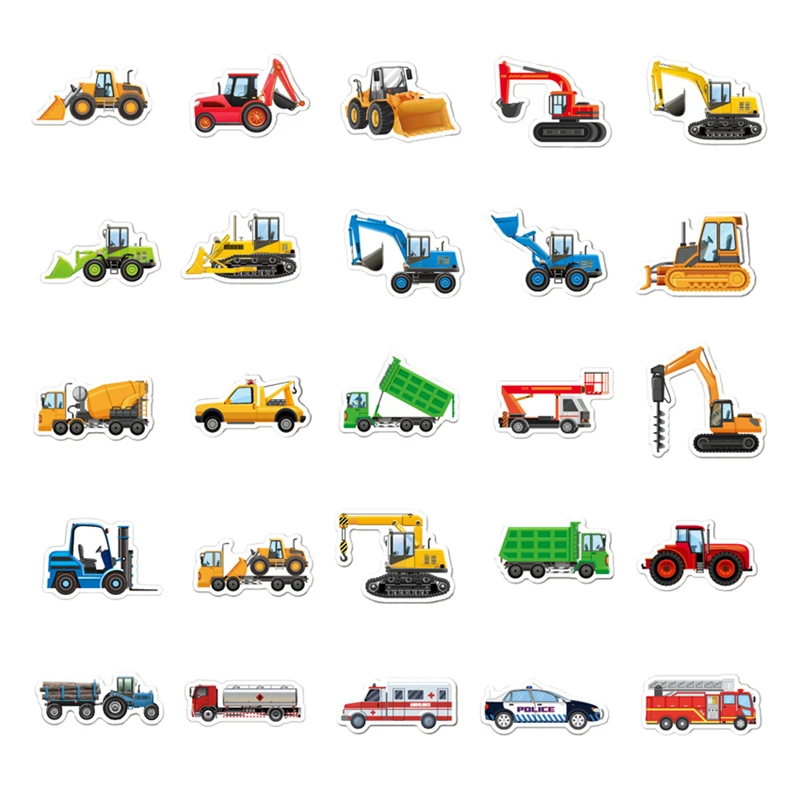 50Pcs Cartoon Engineering Vehicle Graffiti Stickers for Home Kids Room Walls Toy Laptop Phone Cup Helmet Decorations Boy Gifts