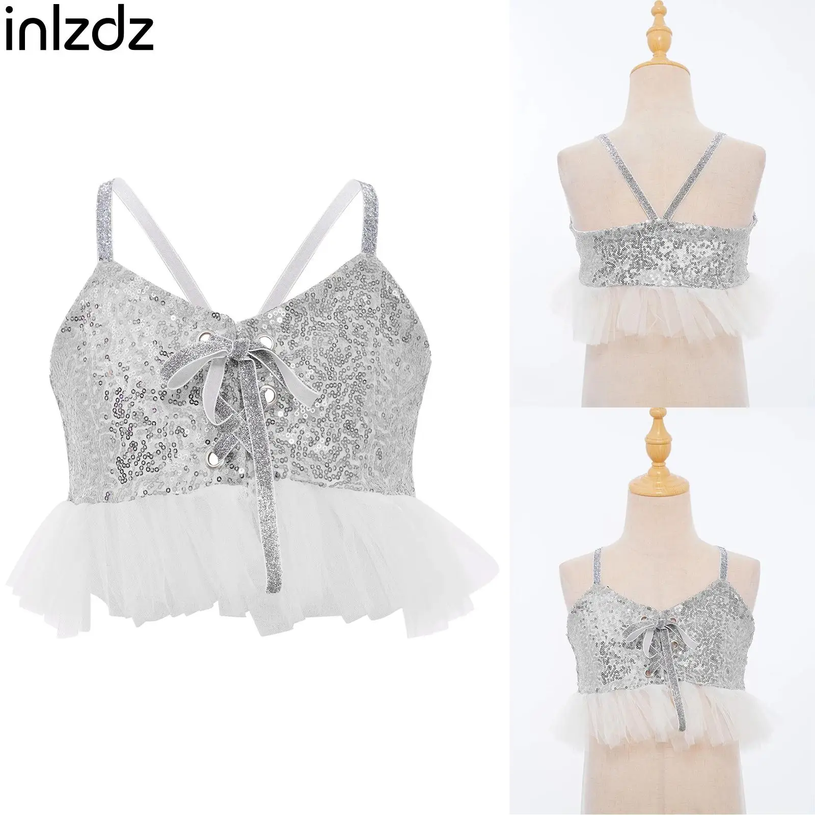 

Jazz Dance Costume Kids Girls Sequined Tulle Ruffles Camisole Spaghetti Straps Crop Top Children Glittery Dancewear Performance