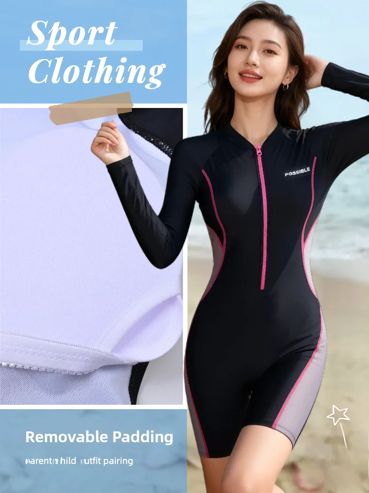 

Professional Sportswear Swimsuit Women's Long Sleeve Conservative Sunscreen Color Block Slimming Zipper plus Size S...