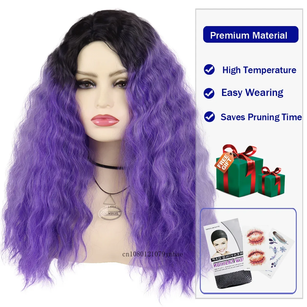 CosplayHalloween Purple Wigs Synthetic Dark Root Long Curly Wavy Wig with Bangs for Women Lady Natural Looking Cosplay Party Cos
