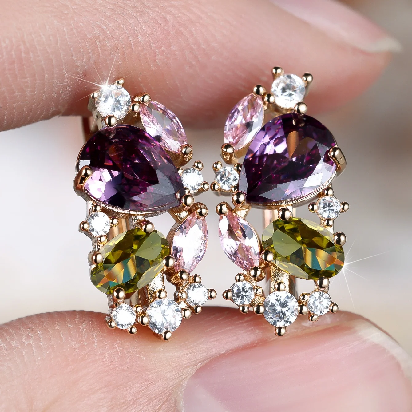 Female Round White Water Drop Purple Green Zircon Stone Hoop Earrings Trendy Fashion Gold Color Wedding Jewelry For Women