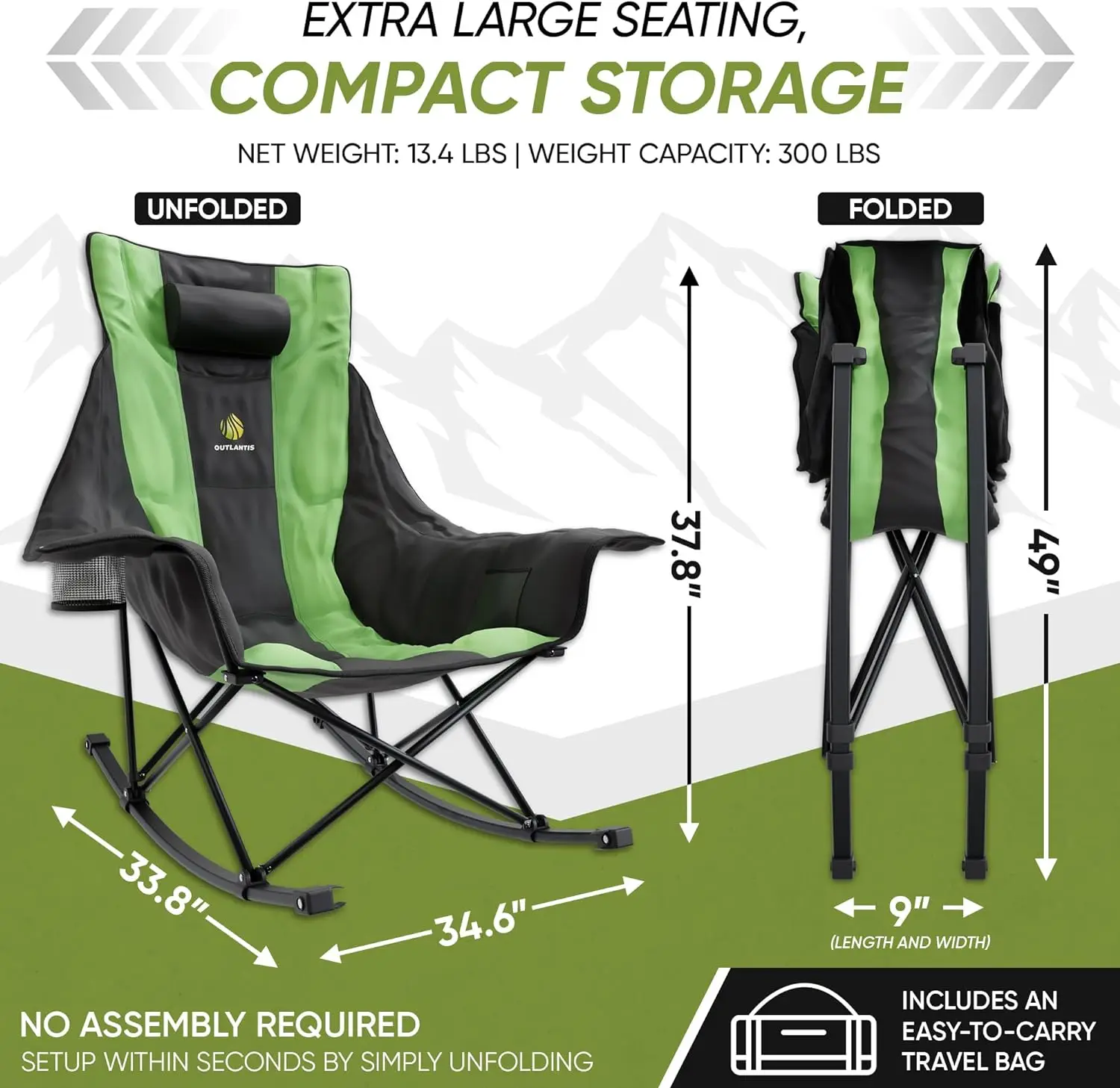 OUTLANTIS Foldable Rocking Camping Chair,Extra Large Outdoor Rocking Chair w/Cup Holder,Carrying Bag&More-Camping Chair