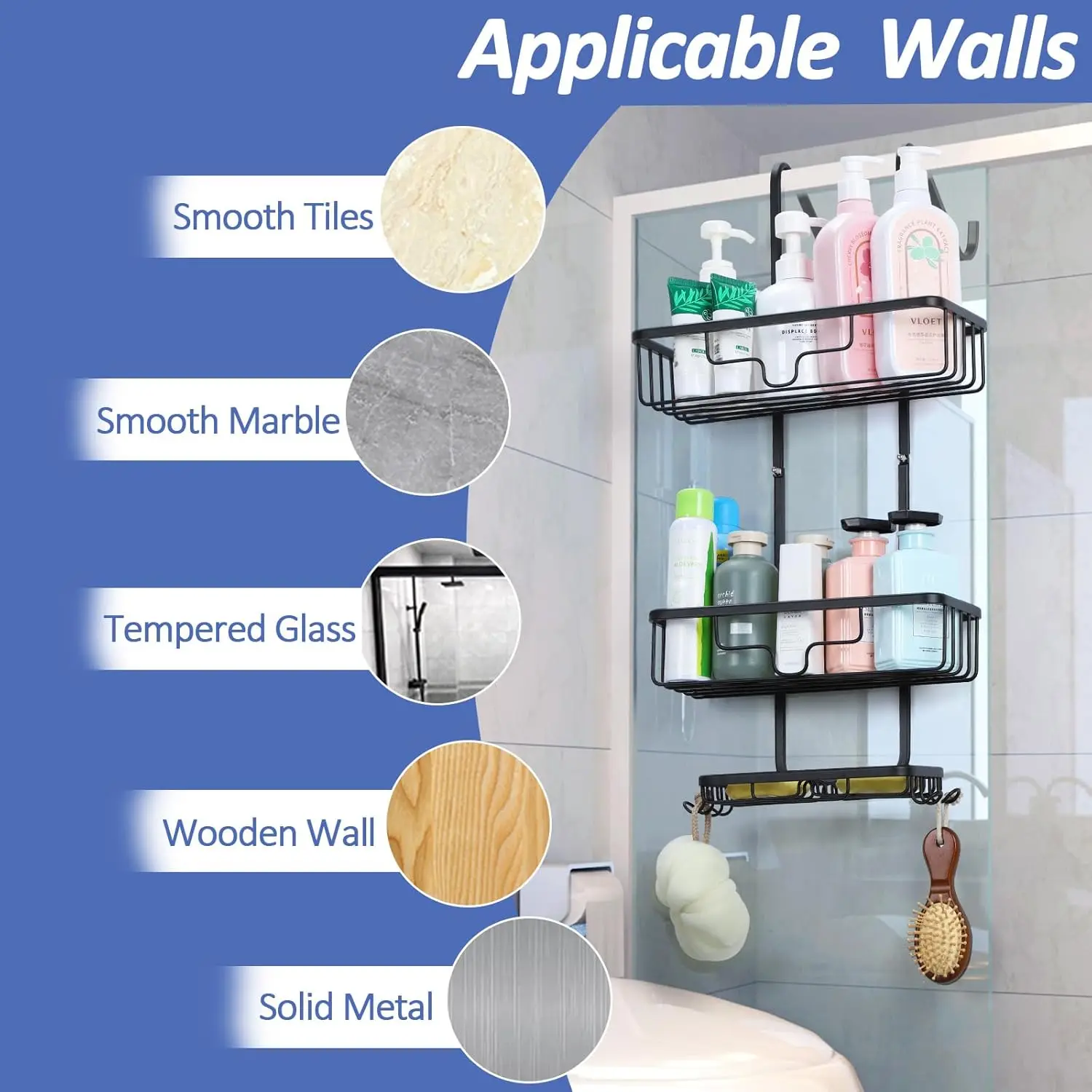 Over the Door Shower Caddy,3 Tier Hanging Shower Organizer Shelf for Bathroom,Aluminum Shower Storage Rack with Hook&Soap Holder