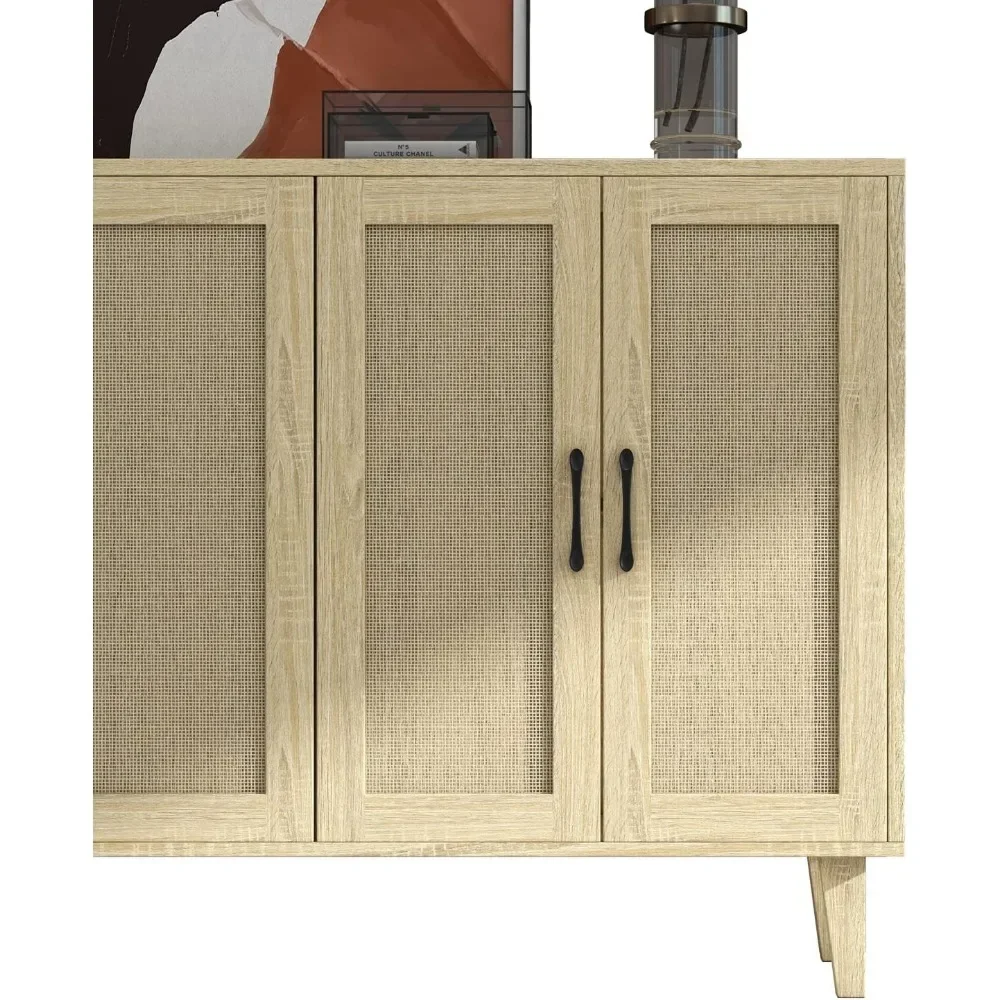 Buffet Storage Cabinet with Rattan Decorating 4 Doors Living Room Kitchen Sideboard 48.43 X 34.65 X 15 Inch (Natural Wood)