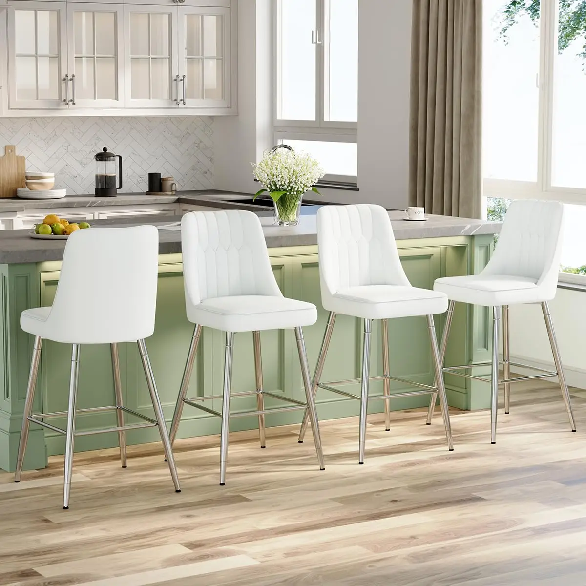 

27-дюймовый белый барный стул из искусственной кожи, набор из 4 шт., со спинками и хромированными ножками, кухонный остров, простая сборка, по индивидуальному заказу